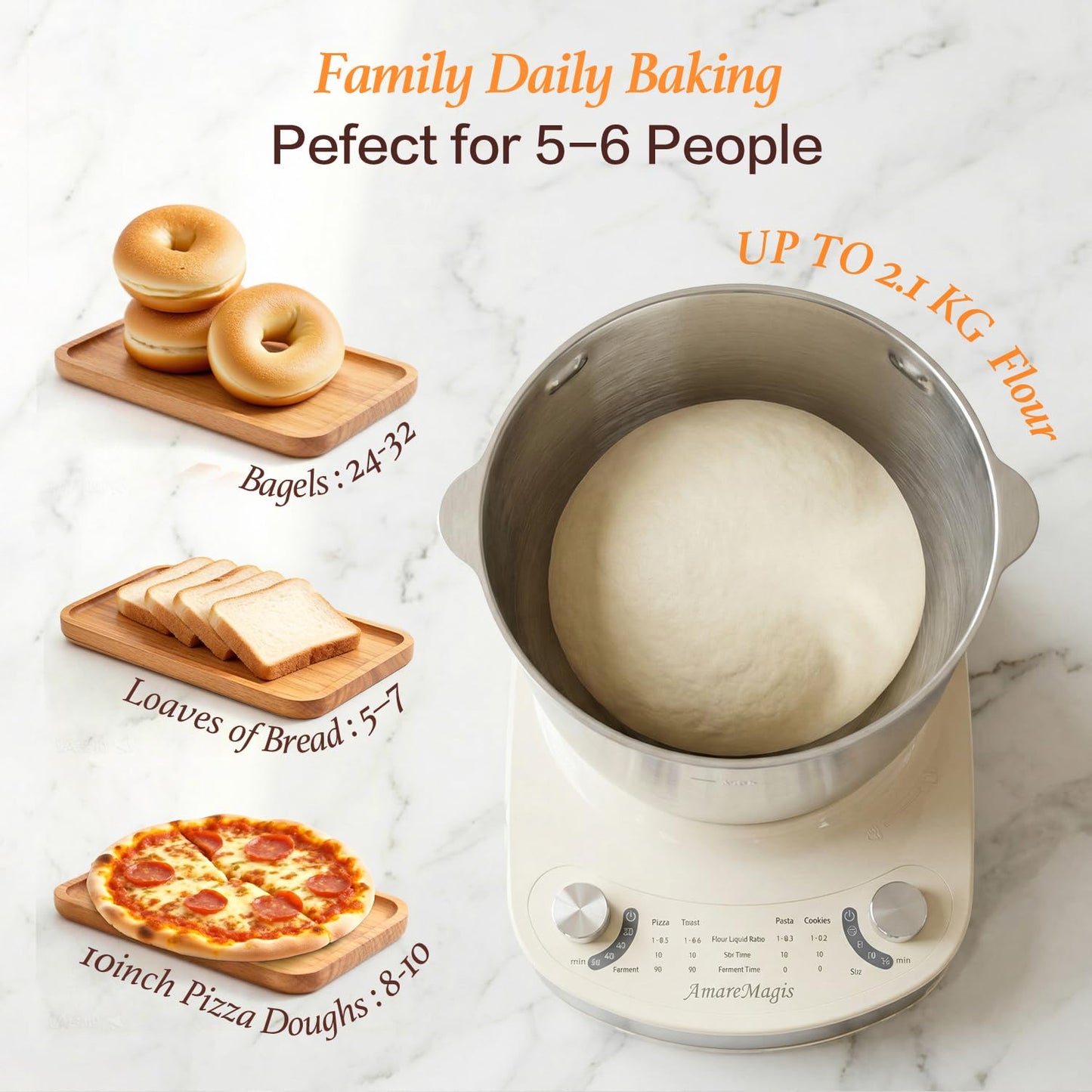 7.4QT Electric Dough Mixer with Timer & Fermentation, Dough Kneader Machine for Bread, Pizza, Pasta & Sourdough, Large Capacity Up to 2.1kg Dough, Hands-Free Kneading Machine for Home Baking