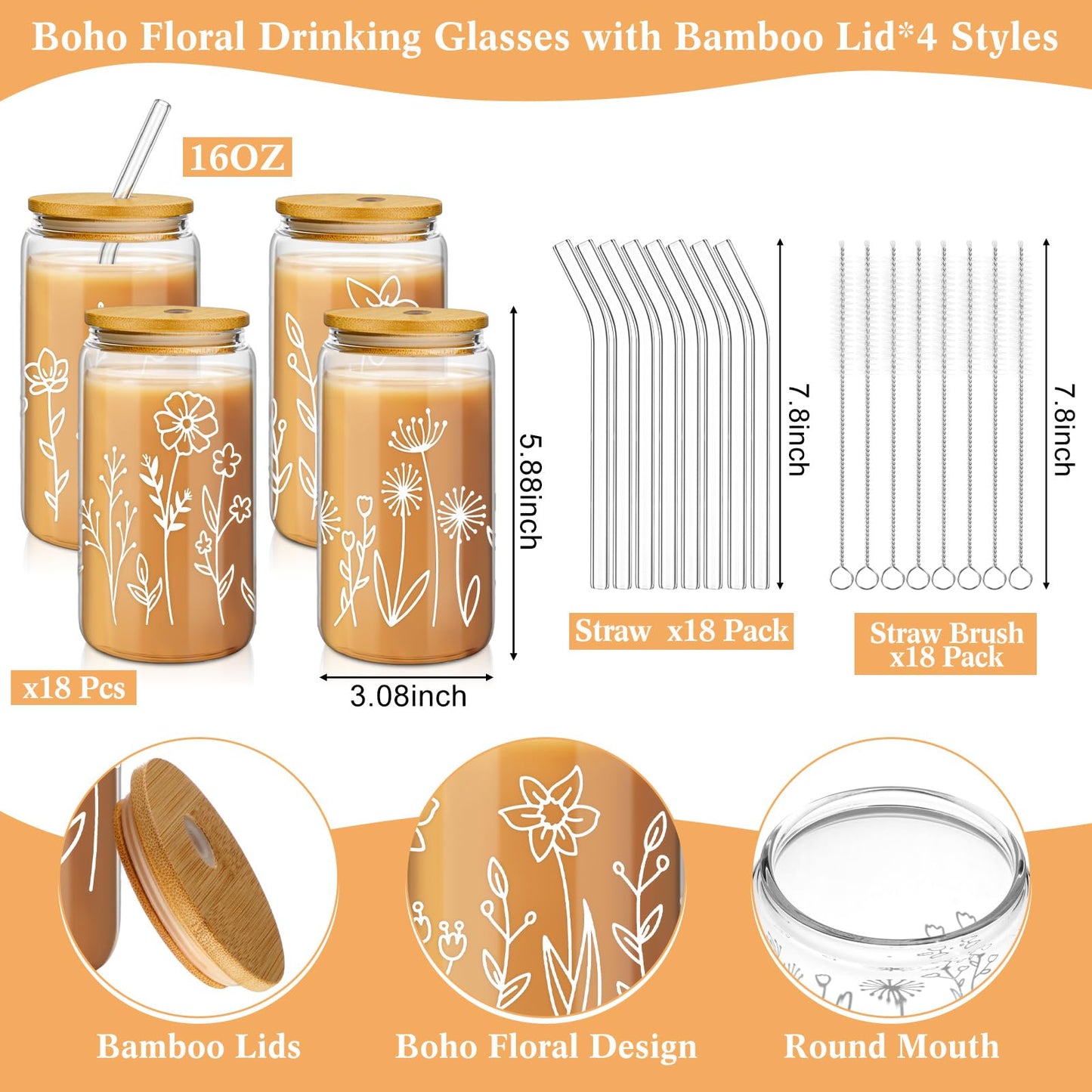 Mumufy 18 Pack Glass Cups Gift Aesthetic Cute Glass Cup Tumbler Flower Iced Coffee Mugs 16 oz with Bamboo Lid & Straw, for Wedding Birthday Bridesmaid Mom Baby Shower