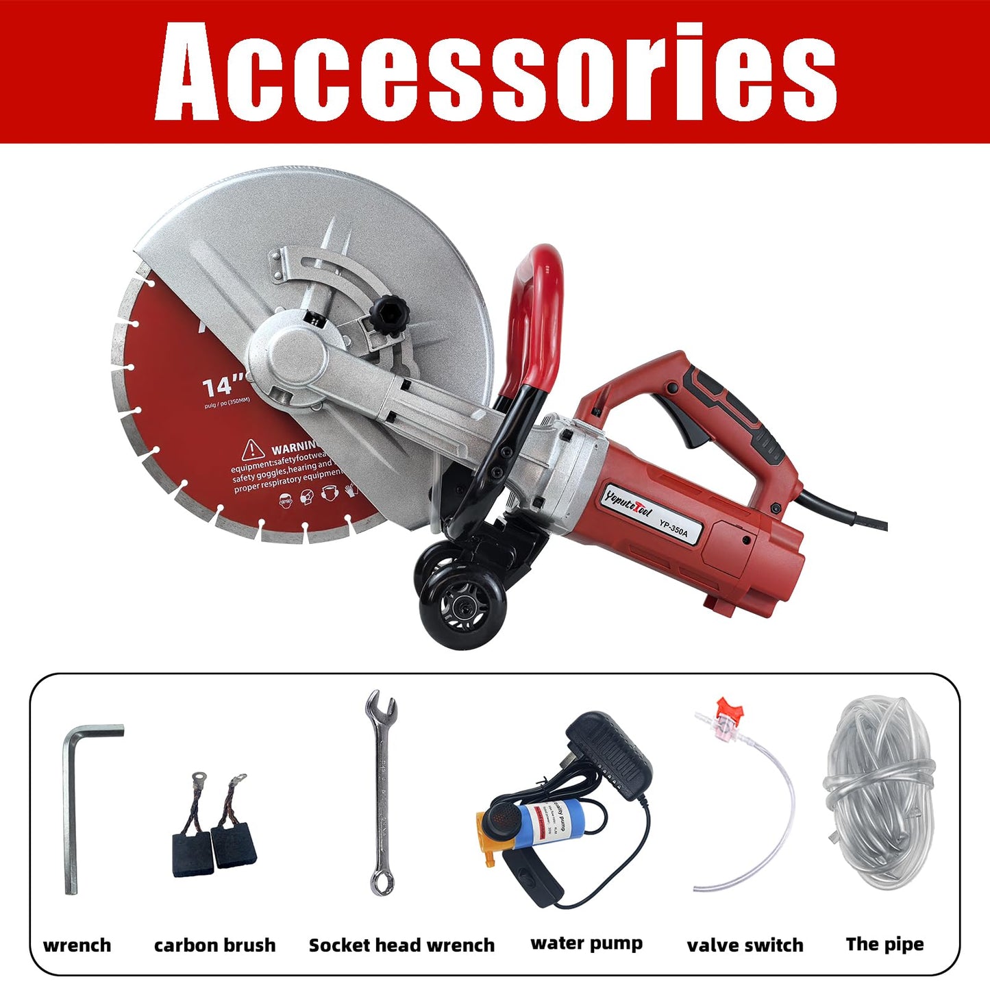 Electric 14 in Circular Saw Cutter with 4.8 in Cutting Depth, Wet/Dry Disk Saw Cutter Includes Water Line, Pump and Blade, for Stone, Brick, Porcelain, Concrete, 3500w cutting machine