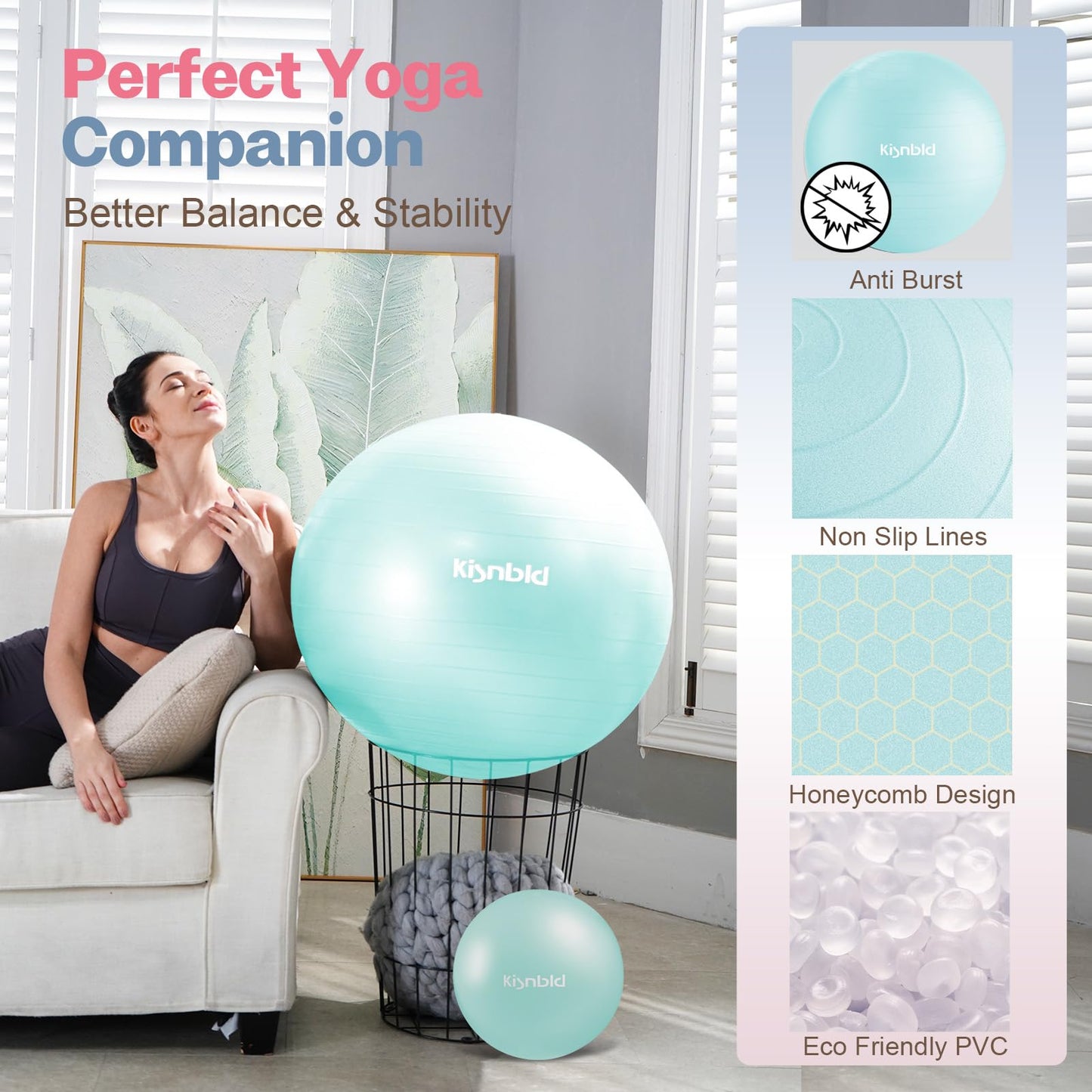 kisnbld Exercise Ball, Extra Thick Yoga Ball for Workout Pregnancy Stability, 4 Sizes Anti-Burst Balance Ball with Foot Pump - Heavy Duty Fitness Ball Chair for Office, Home & Gym