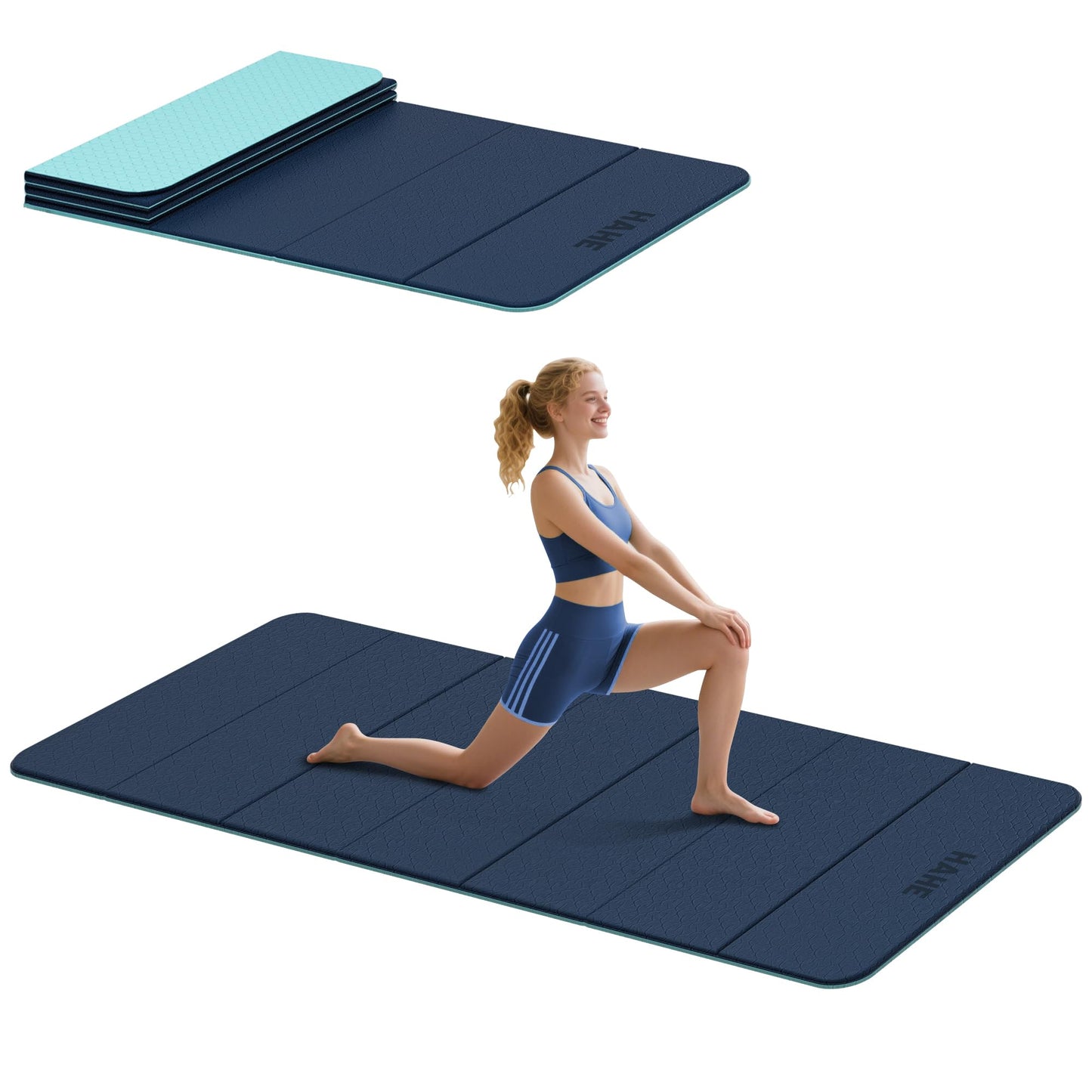 HAHE Foldable Yoga Exercise Mat, 74"Lx32"Wx1/3"Thick, TPE Multi-purpose Workout Mats with Non-slip Surface, Portable for Yoga/Pilates/Studio/Home Gym (Navy Blue+Green)