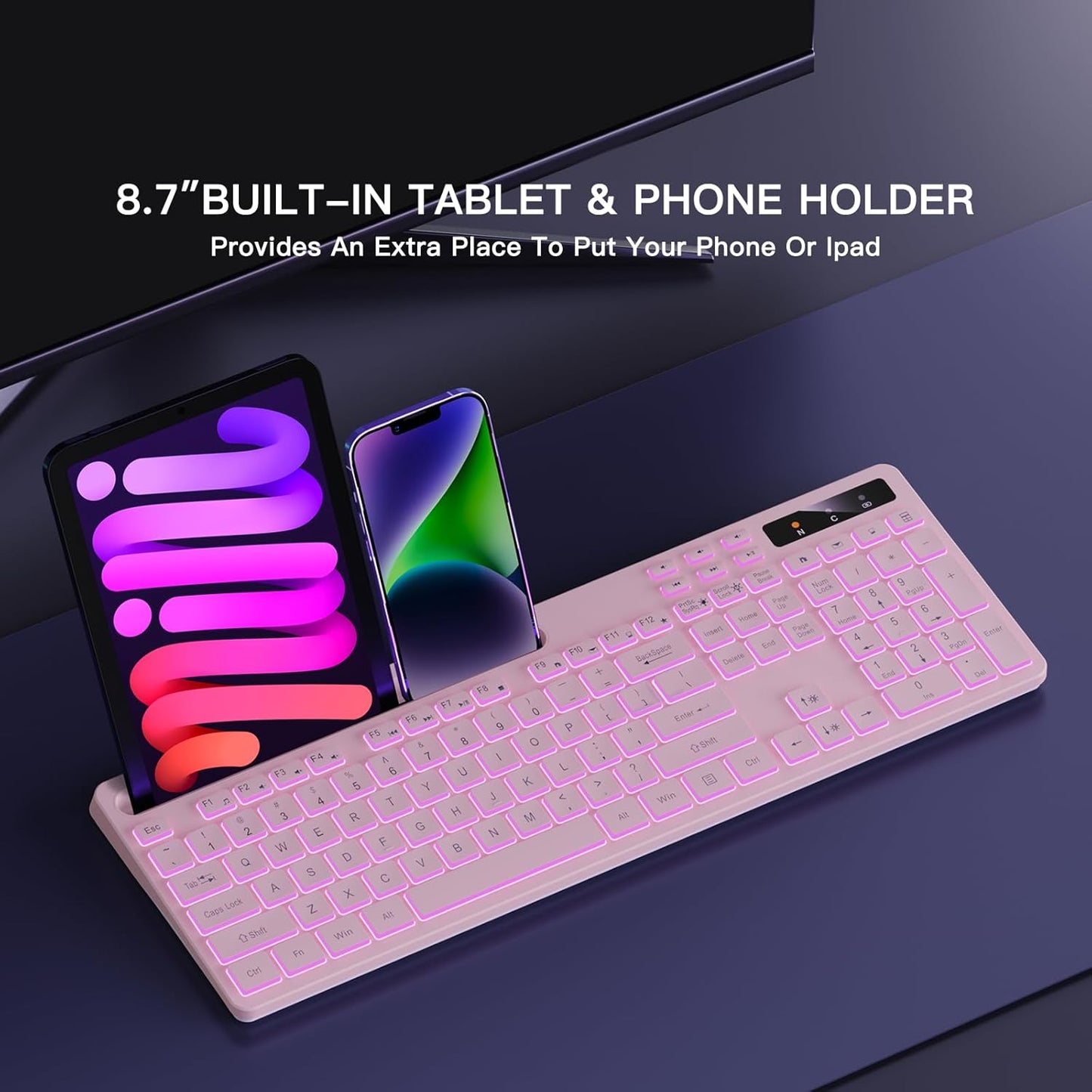 Soueto 7-Color 2.4G Wireless Keyboard with RGB Backlit, Full-Size Computer Keyboard with Phone Tablet Holder