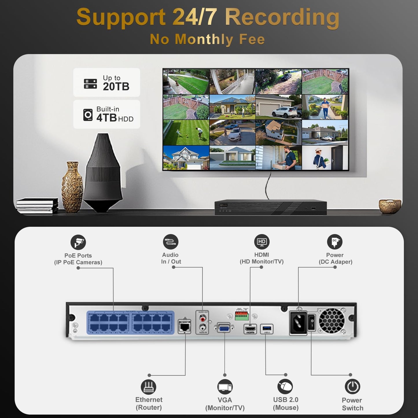Anpviz 16CH 4K PoE Security Camera System with Two Way Audio, 16PCS 8MP Wired IP Turret Cameras Outdoor, Human Vehicle Detection,12MP PoE NVR with 4TB HDD for 24/7 Recording, for Business Home, NDAA