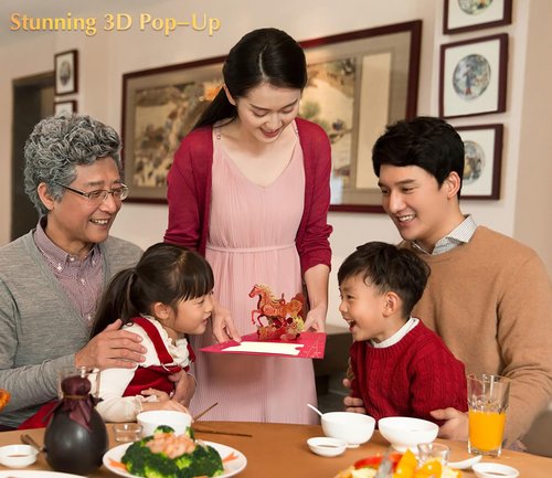BIZIBAFF 3D Pop-Up Chinese New Year Card & Decorations 2026 - Year of The Horse - Handmade Lunar New Year Greeting Cards with Envelope, Unique Spring Festival Gifts for Family & Friends