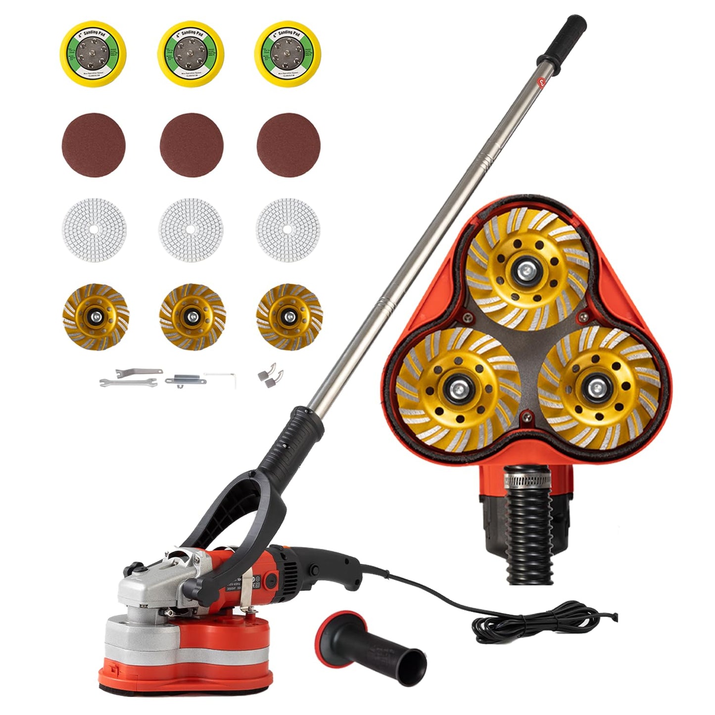 Electric Diamond Polisher Machine+Telescopic Rod 3800W 6 Speed Gears Triple Head Concrete Diamond Grinder for Metal,Stone,Cement Brick Surface Grinding,Epoxy Resin Removal Rock Granite