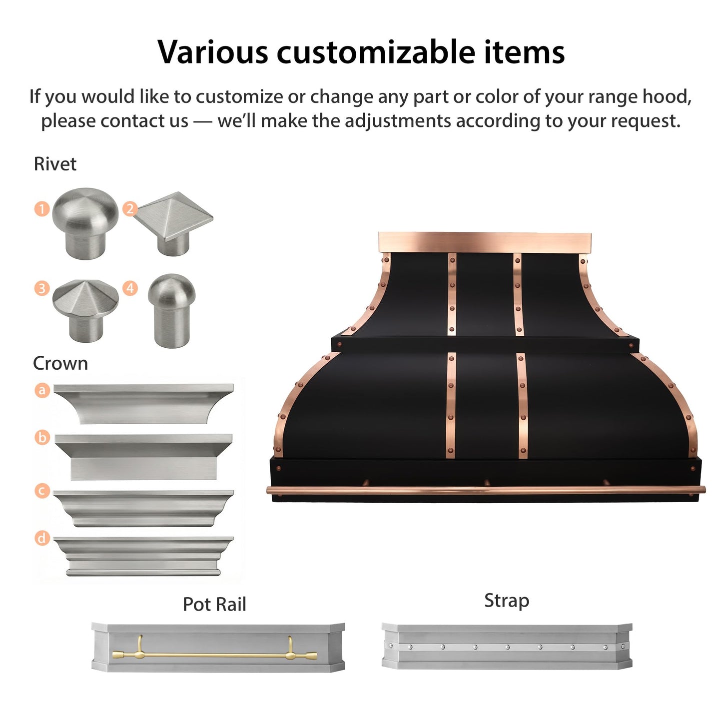 NAUXUS Custom Stainless Steel Range Hood, Handmade Kitchen Hood with Powerful Range Hood Insert, Classic Stove Vent Hood with Straps & Rivets,HCW44PBS#
