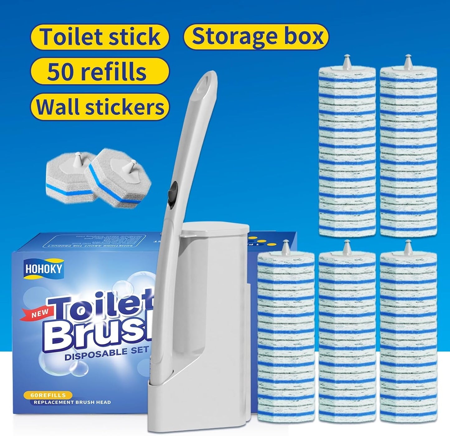Skiennix Disposable Toilet Brush System - 50 Refill Pads & Wall-Mounted Holder | Bathroom Cleaning Kit
