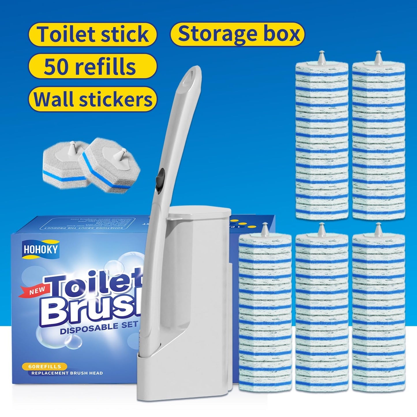 Disposable Toilet Brush Cleaning System with 50pcs Refills Pads Replacement Heads, Toilet Cleaning Stick, Wall Mounted Toliet Wand Kit Bathroom Maintenance, Toilet Bowl Cleaner Wands Holder and Set