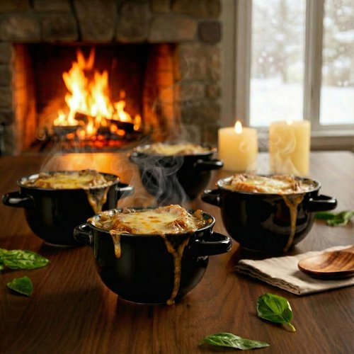 KooK French Onion Soup Crocks - Durable Ceramic Bowls with Handles | Set of 4, 18 oz, Black - Oven & Dishwasher Safe