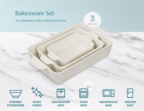 Kook Ceramic Bakeware Set - Rectangular Baking Dishes for Casseroles & Lasagna | 3-Piece Set in Ivory