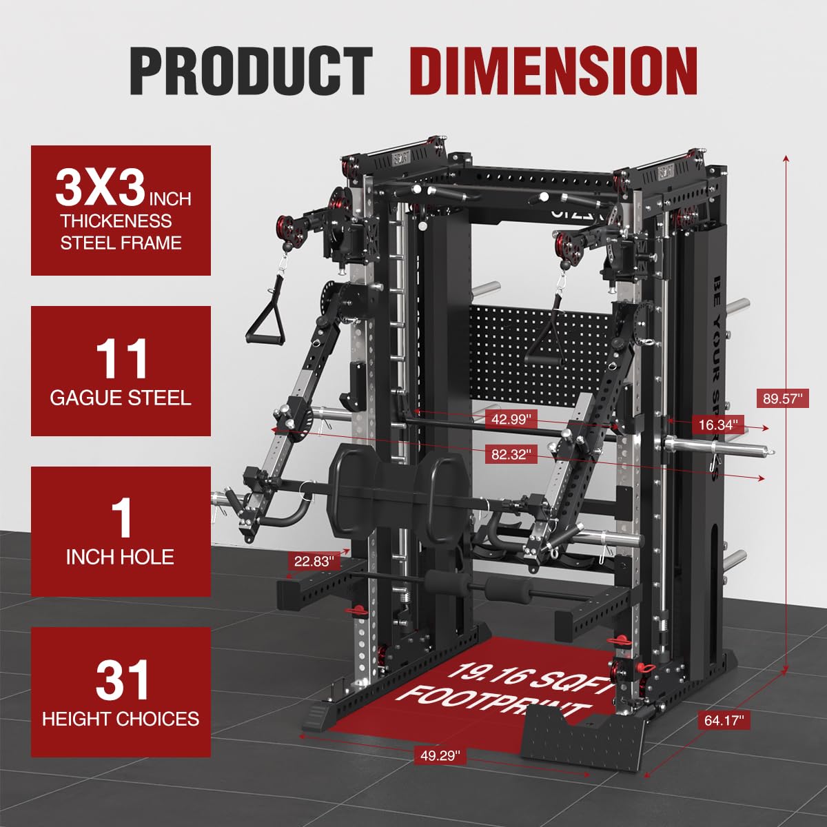 Commercial Smithe Machine with Weight Stack, All-in-One Power Cage Squat Rack Home Gym System with Leg Press Attachment & Cable Crossover, Multi-Functional Trainer with Dual Pulley System for Home Gym