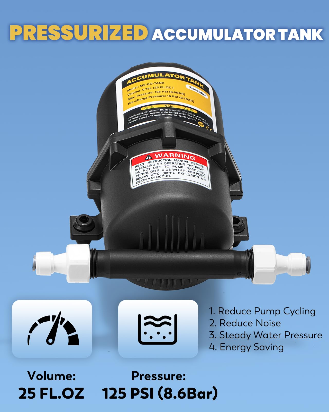 Moonshan RO Delivery Demand Pump with Pressurized Accumulator Tank 110V Quiet Water Booster Pump for RO Delivery System 1/4’’ Quick Connection (5800)