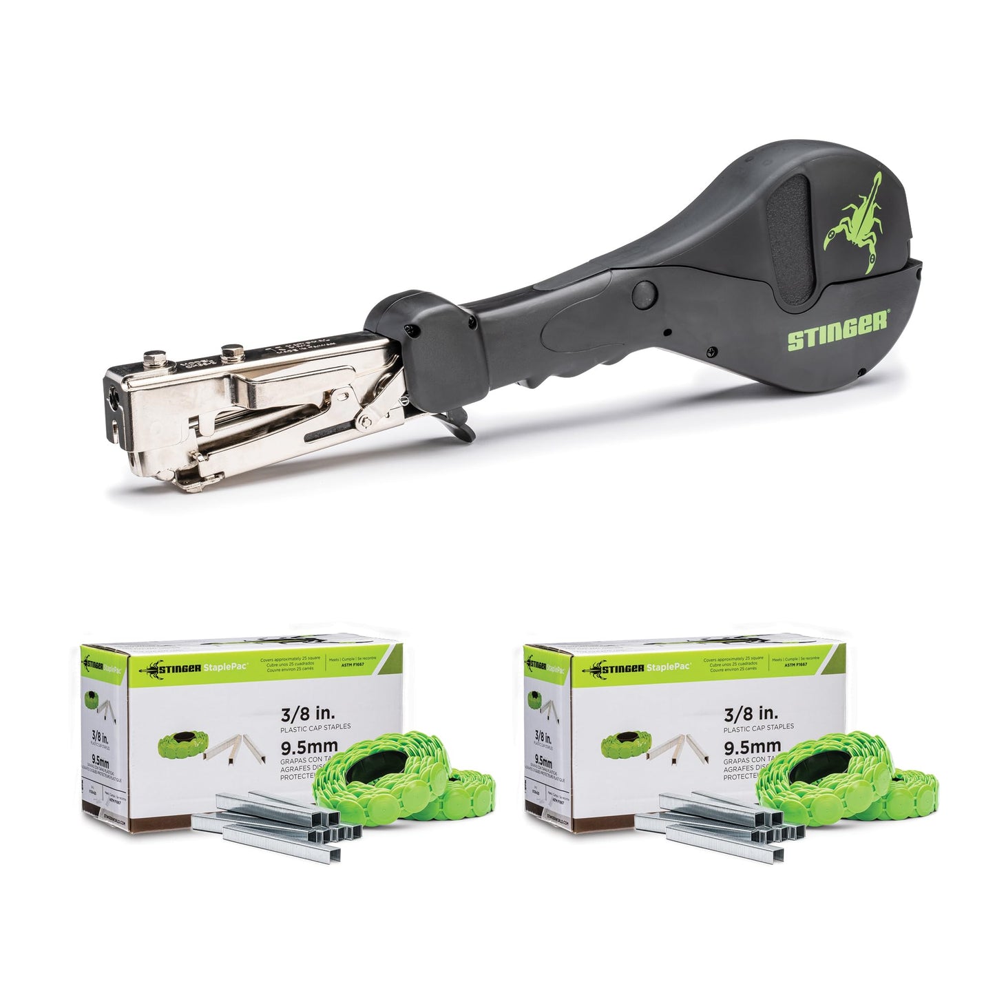 CH38-2 Cap Staple Hammer Tacker Plus Two StaplePacs, 1" Caps, 3/8" Staples for Roofing Underlayment, Housewrap, and Insulation (STINGER 0136400)