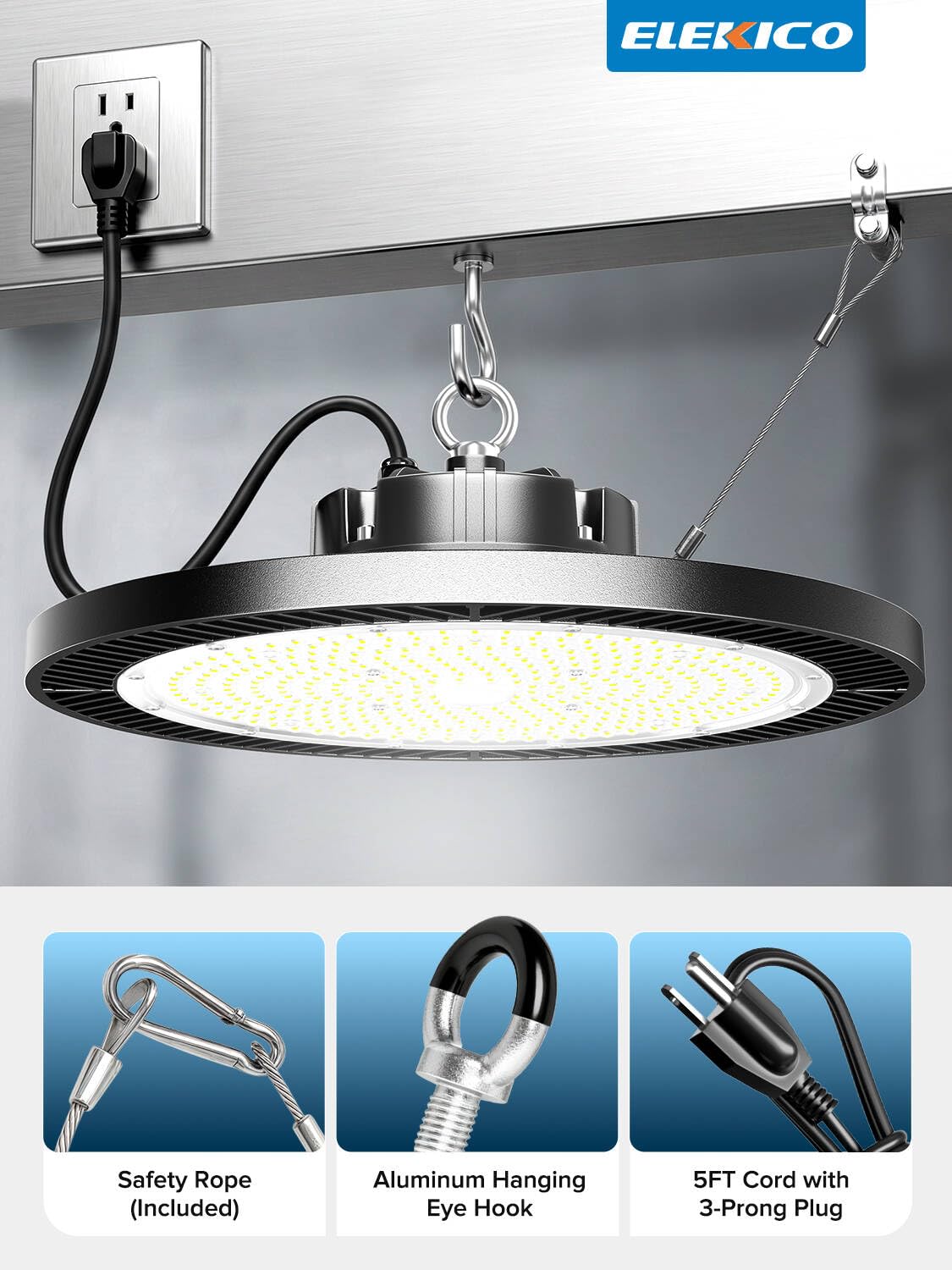 ELEKICO Super Bright 250w UFO LED High Bay Light 37500lm with Plug 5ft Cable (Eqv.1000w Mh/Hps/Hid),5000k High Bay Led Shop Lights Garage Lighting for Garage Factory Workshop Warehouse Barn -6pack