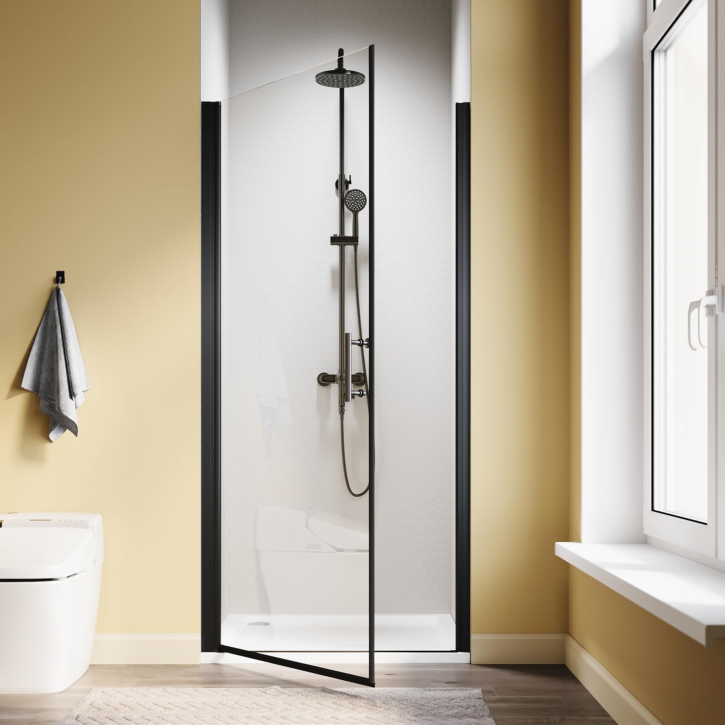 SL4U Pivot Shower Door, 34" W x 72" H, 1/4" Tempered Glass Shower Door, Pivot Swing Shower Glass Door, Easy to Clean, Matte Black Finish