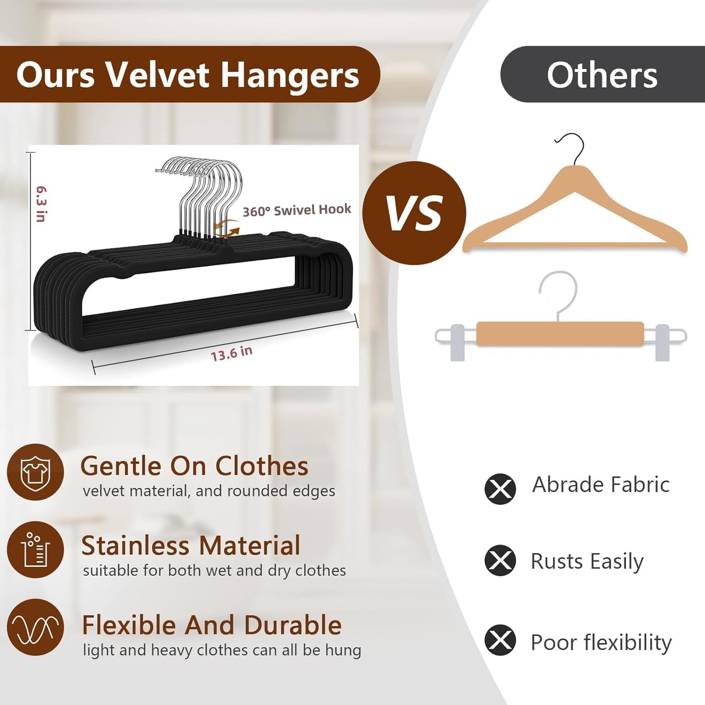 Skiennix 50 Pack Black Velvet Hangers - Non-Slip, Space-Saving Design with 360° Swivel Hook for Pants & Skirts