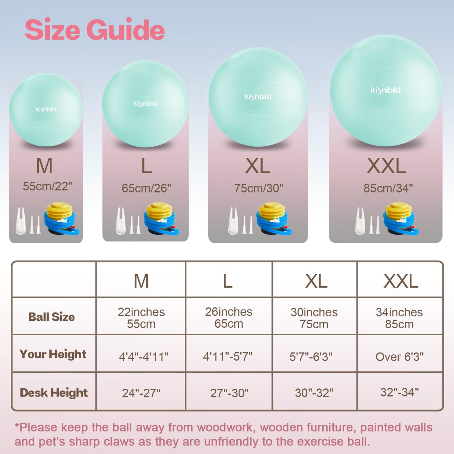 kisnbld Exercise Ball, Extra Thick Yoga Ball for Workout Pregnancy Stability, 4 Sizes Anti-Burst Balance Ball with Foot Pump - Heavy Duty Fitness Ball Chair for Office, Home & Gym