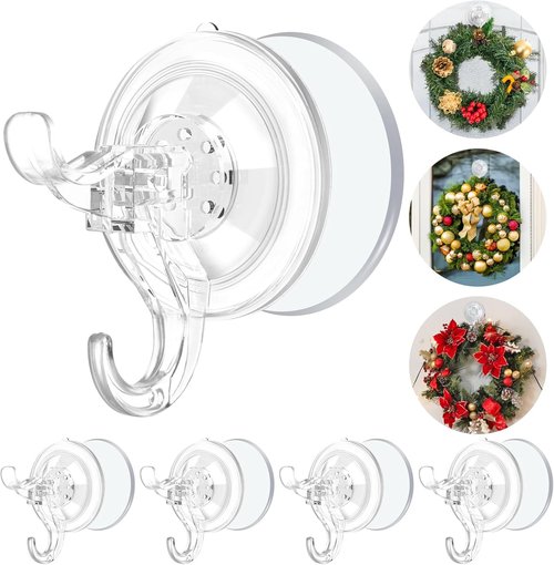 Heavy Duty Suction Cup Hooks - 5 Pack Wreath Hangers for Front Door | Removable Garland Hanger Holds 11 Lbs