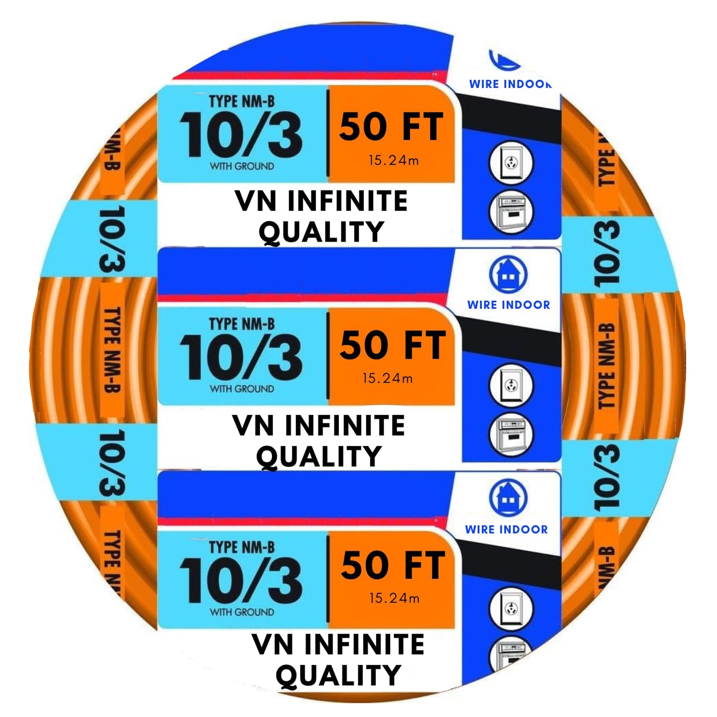 VN Infinite quality 10/3 NM-B Sheathed Cable - Non-Mettalic with Ground Residential Indoor Electrical Wire Type NM-B Orange (50 Ft)