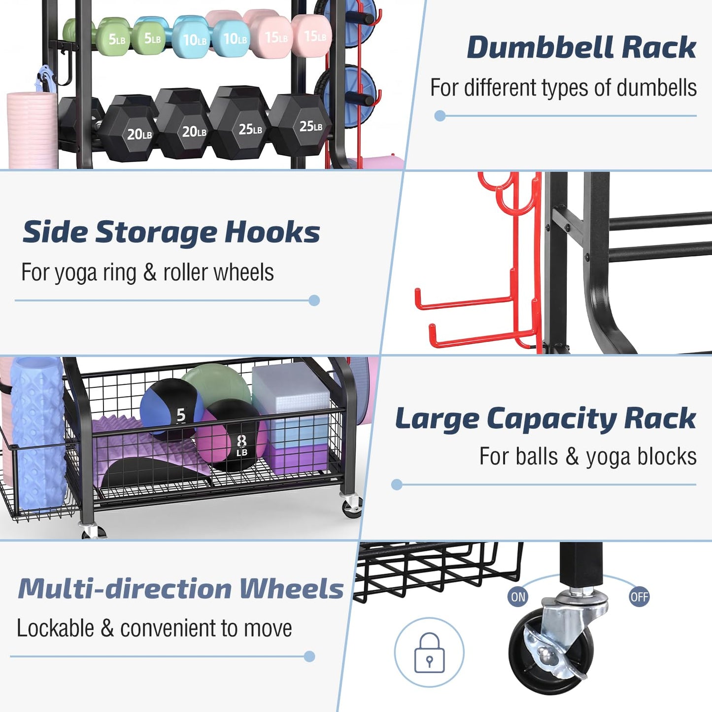 PLKOW Dumbbell Weight Rack, Home Gym Storage for Kettlebells Yoga Mat and Balls, All in One Workout Storage with Wheels and Hooks, Powder Coated Finish Steel