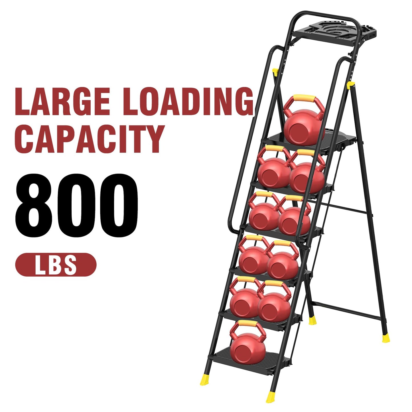 6 Step Foldable Step Ladder Stool with Roomy Tool Tray and Secure Handrail, Foldable Platform Ladder 6 Step Folding Stepstools with Wide Pedals and 800lbs Weight Capacity for Adults, Home, Kitchen