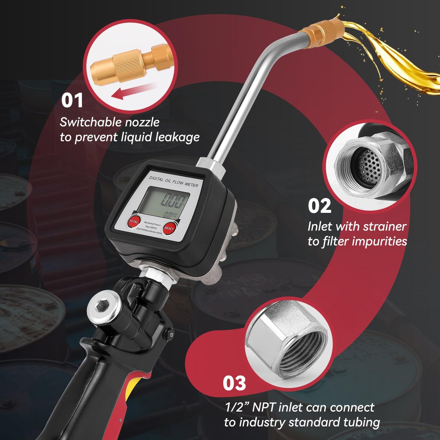 Poafamx Digital Oil Control Valve Meter Nozzle, 8GPM/30LPM Heavy Duty Air Operated Oil Transfer Nozzle, 7-1000 Psi 0.5-70bar, ±0.3% Precision, 1/2" inch NPT Inlet with Non Leakage Spout