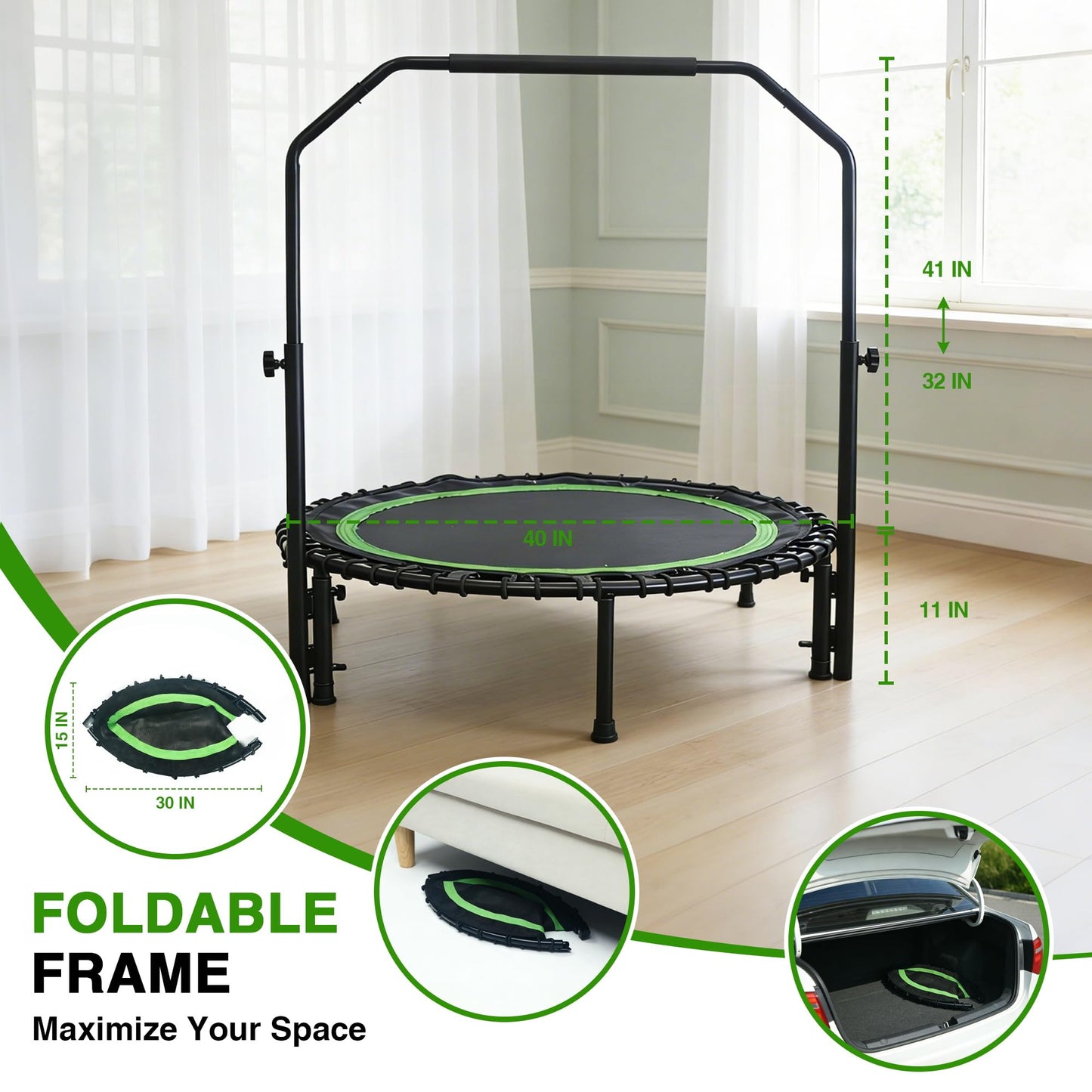 40" Mini Rebounder Trampoline for Adults with Handle, Foldable Mini Trampoline with Bungees, Adjustable Foam Handle, Stable & Quiet, Max Load 440lbs