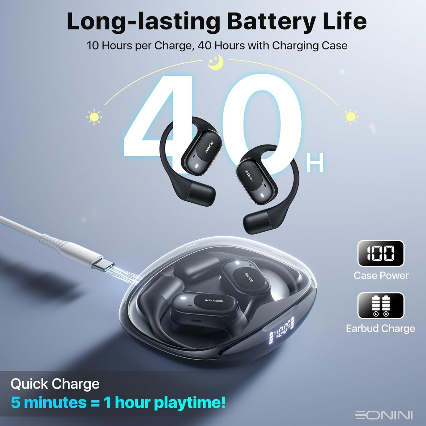 40H IPX5 5.3 Eonini Open-Ear Earbuds with Earhooks, LED Display Case, Lightweight & Secure Fit, All-Day Comfort