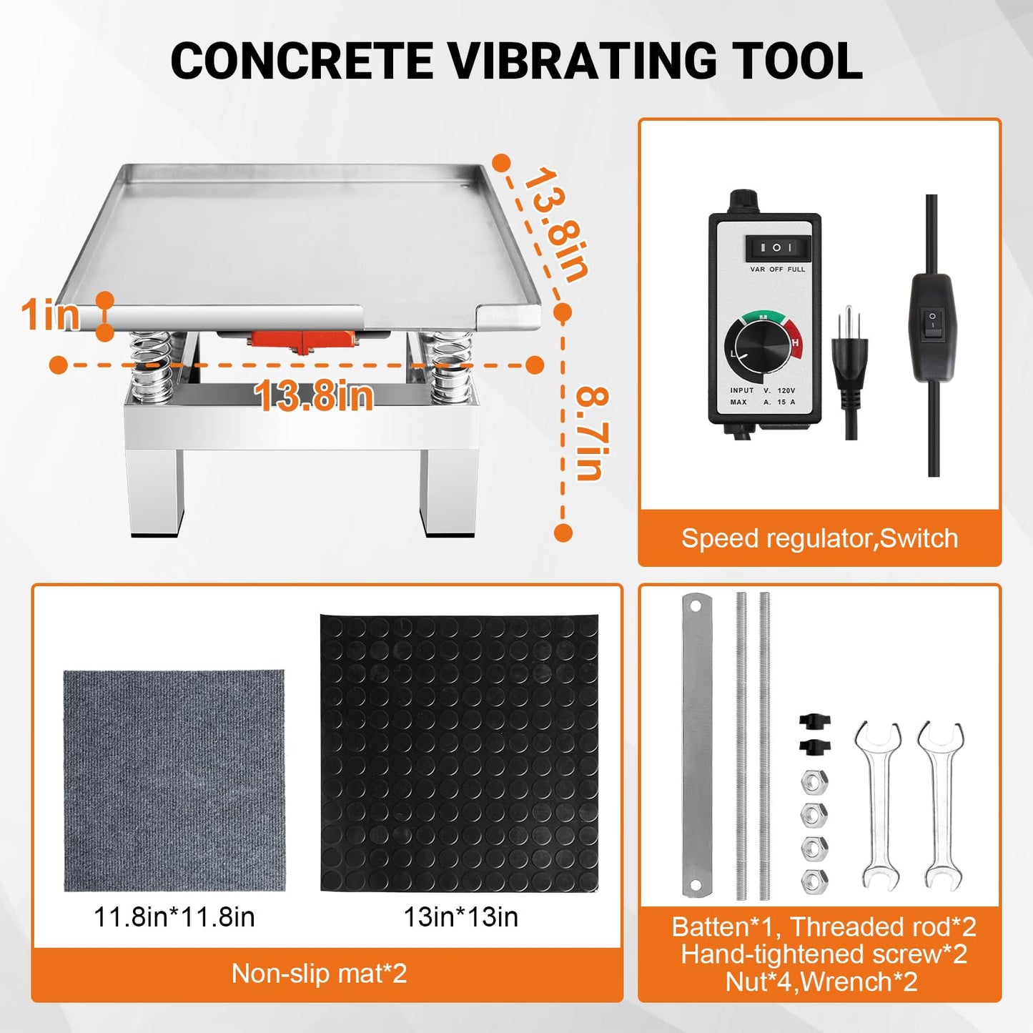 Concrete Vibration Table 13.78×13.78in With Cloth Mat,For Molds Lab Stainless Steel Concrete Vibrating Tool,Governor Adjustment