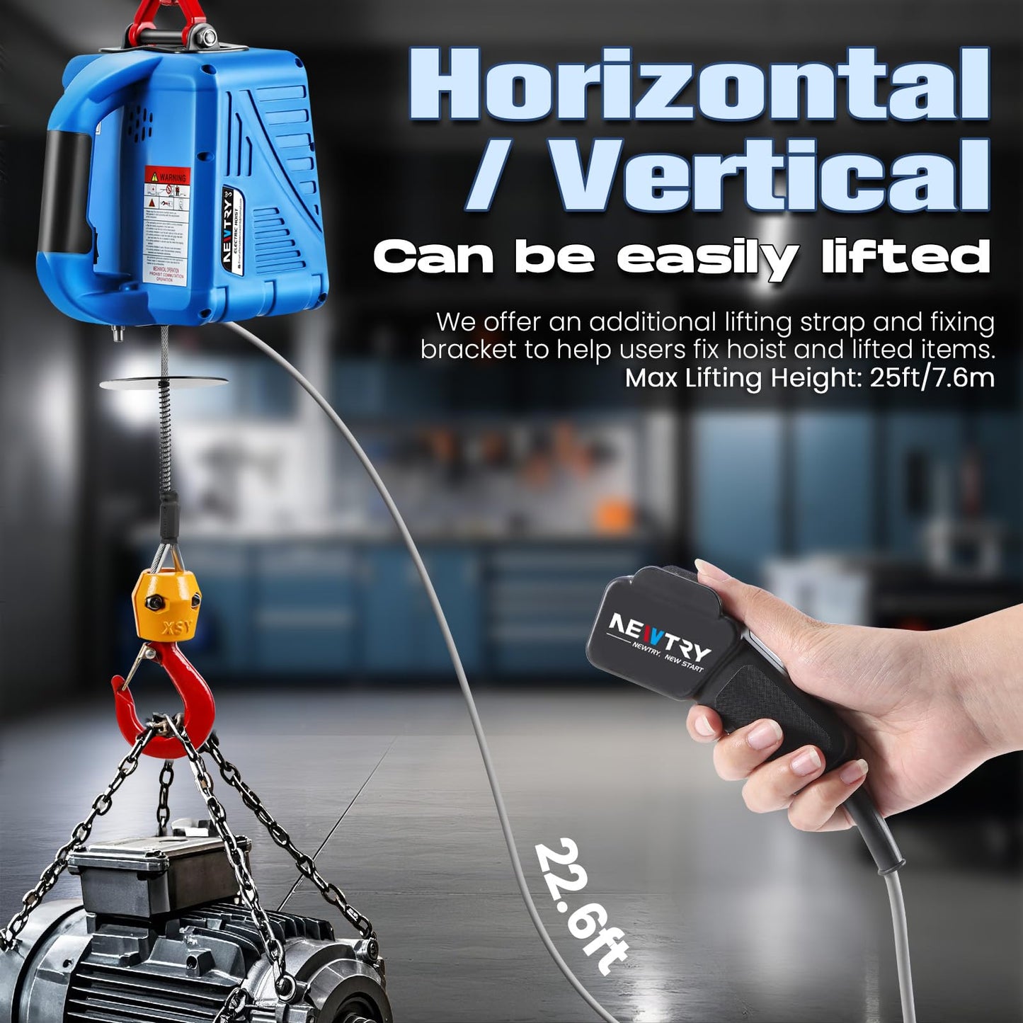 NEWTRY 1,100lb Electric Hoist with Wire Remote Control 16ft/min, 110/120 Volt 25ft Portable Electric Winch w/Straps