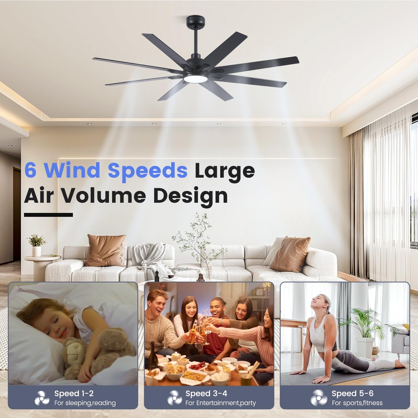 Newday 62 inch Large Ceiling Fans with Lights and Remote, Indoor/Outdoor Black Ceiling Fan for Living Room Patio, 6 Speeds Slient Reversible DC Motor, 3CCT, Timer, 2 Downrods, 8 Blades