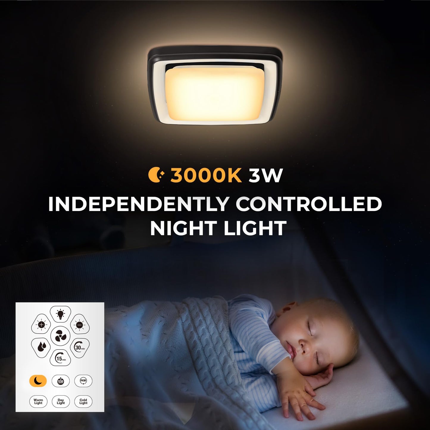 Akicon Bathroom Exhaust Fan with RGB Light, 110 CFM 1.5 Sones Bathroom Vent Fan with Humidity Sensor & Dimmable 3CCT LED Light, Square, Black, No Wall Switch Required