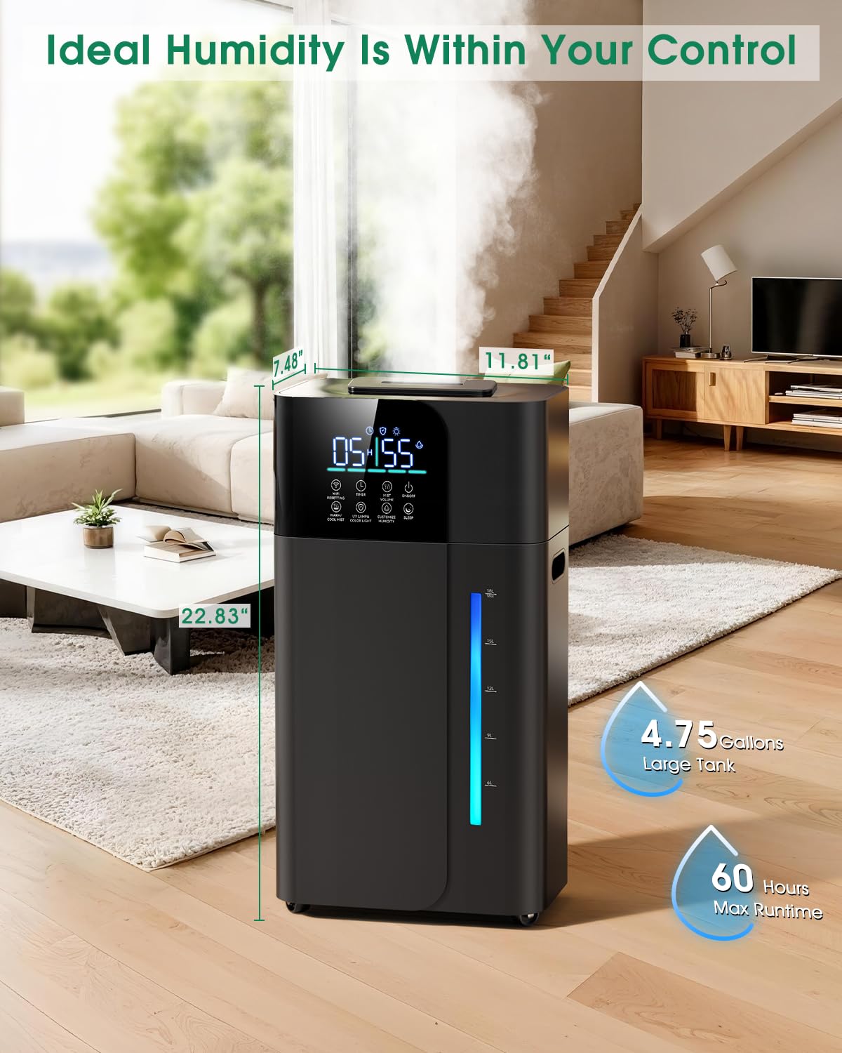 18L/4.7Gal Smart Humidifier Large Room, Warm & Cool Mist Humidifier for Bedroom, Up to 2500 sq ft Whole House Coverage, 800mL/h Output, Top Fill, 24H Timer, 70H Runtime, Humidifier for Home, Plant