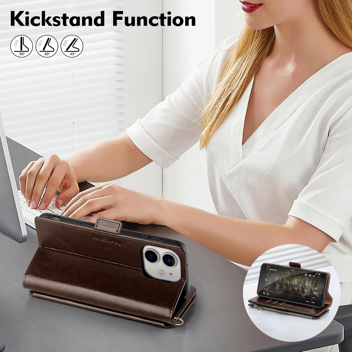 Antsturdy 11 11 6.1",Coffee Compatible with iPhone Wallet Case,RFID Blocking PU Leather Phone Case Women Men Flip