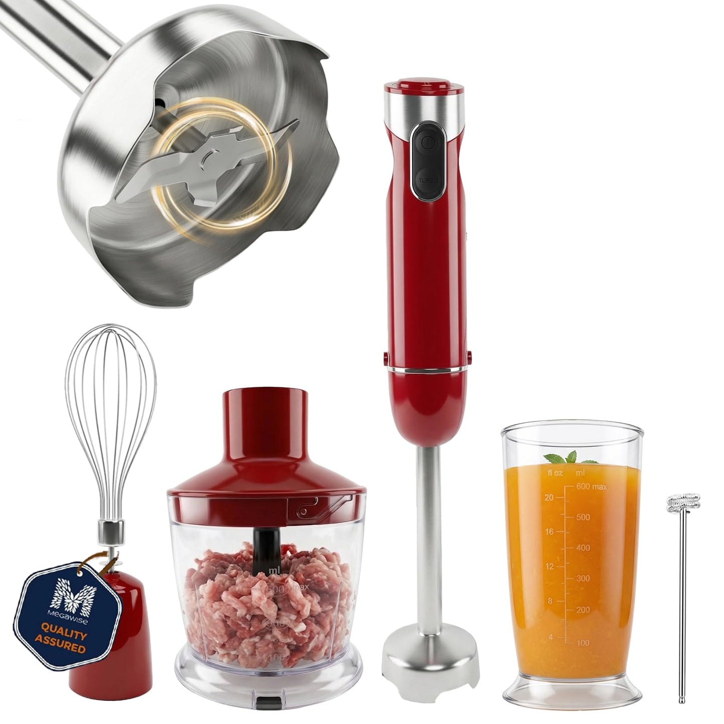 Megawise HB-2053 5-in-1 Hand Immersion Blender Set, 1000W Powerful Stick Blender with Turbo Mode, Variable Speed Control, Stainless Steel Blade, Includes Whisk, Milk Frother, Chopper Bowl & Beaker