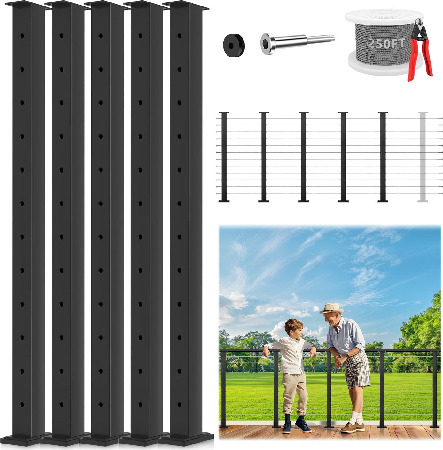 Gyykzz 16-20FT Black Modular Cable Railing Post Kits 42 Inch 5 Level Post Kit, Cable Railing System for Deck Including 5 Railing Posts, 250FT Sufficient Length Cable, 24 Swage Terminal (No Handrail)