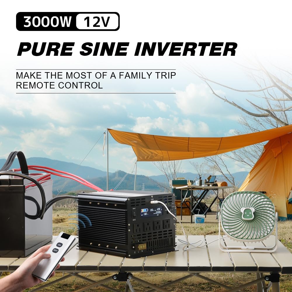 3000 Watt Pure Sine Wave Power Inverter, 12V DC to 110V/120V AC Converter 6000W Peak, with Remote Control LCD, 4 AC Outlets & USB Port & Hardwire Terminal, for Car Truck RV Camping Solar System EPS
