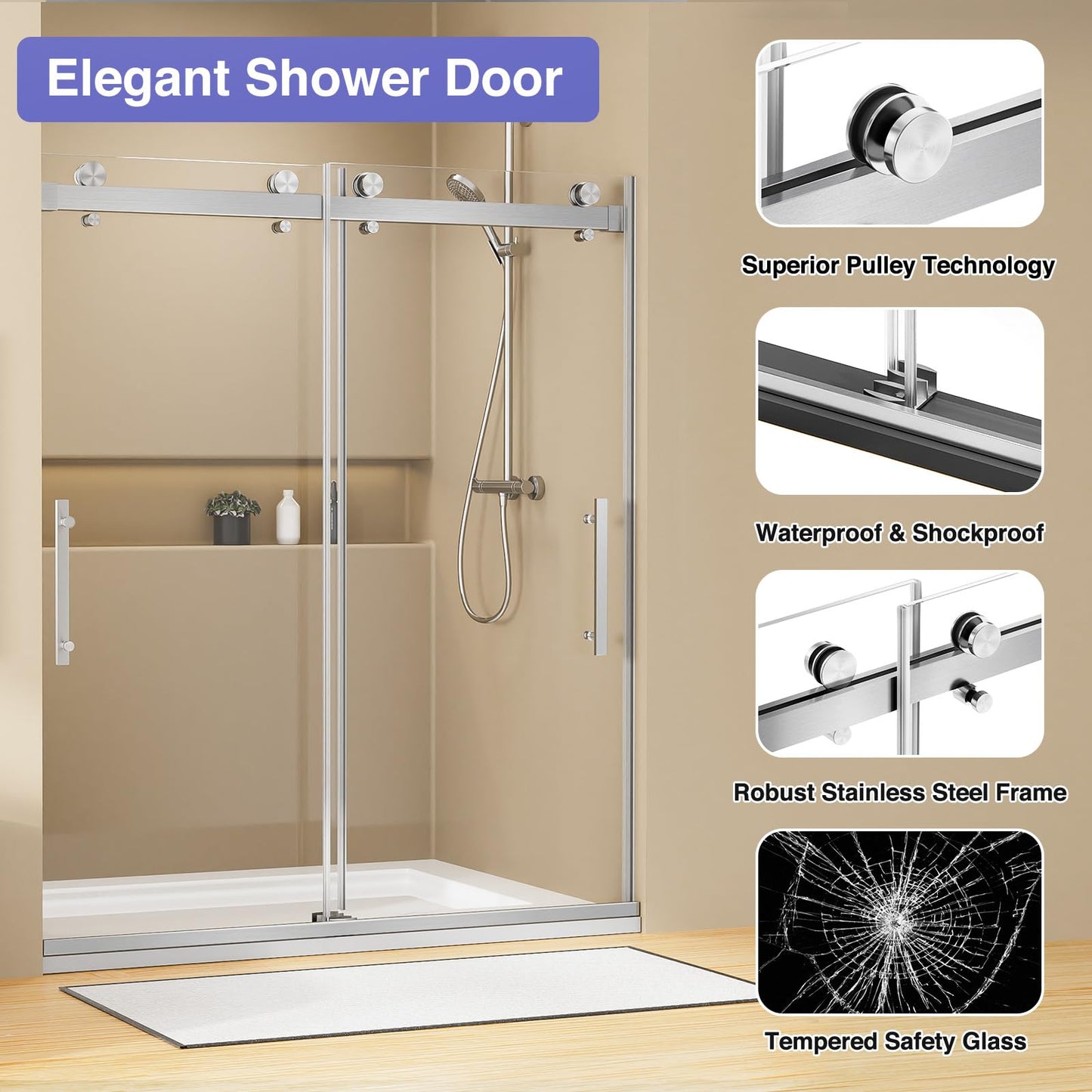 AVKENOEDY Shower Door,60" W x 76" H Frameless Shower Door,Double Sliding Shower Door with Premium 3/8" (10mm) Thick Tempered Glass, Stainless Steel, Brushed Nickel
