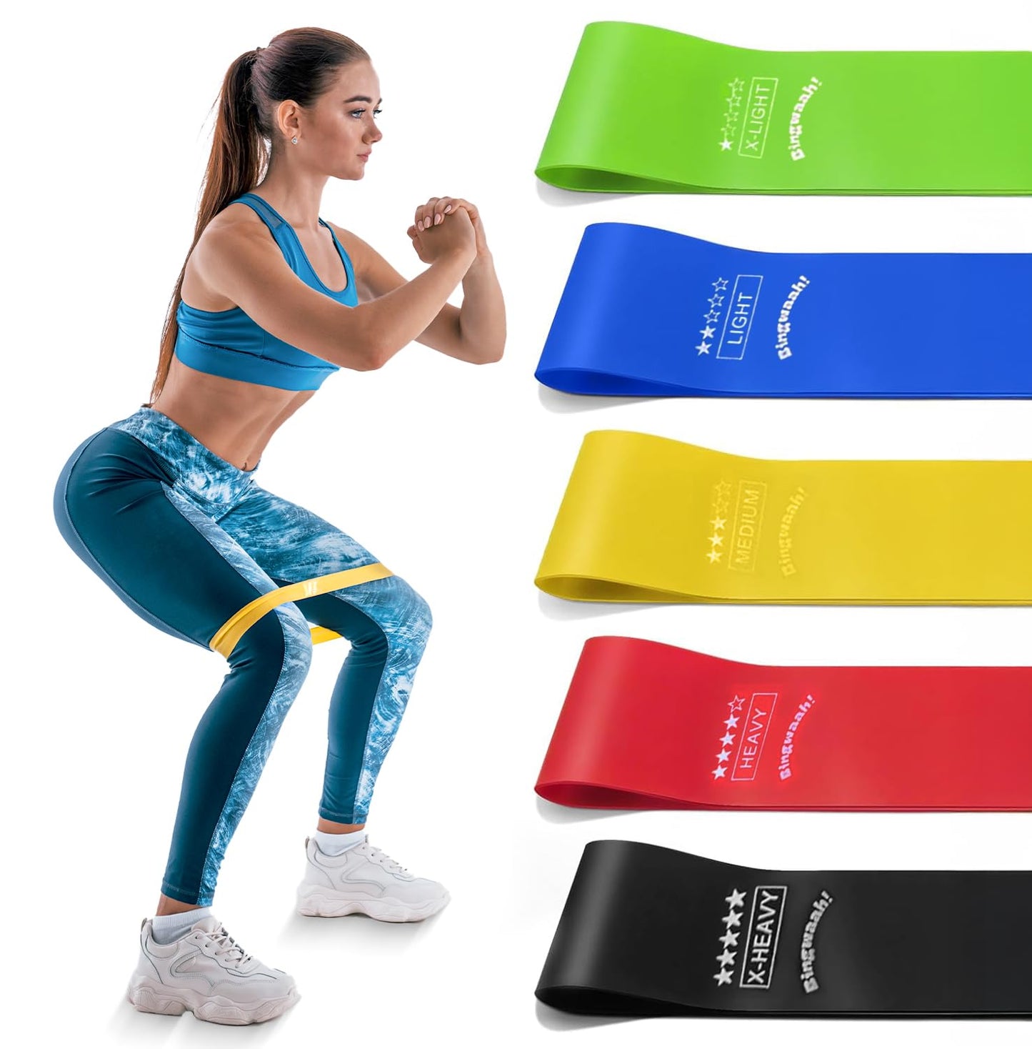 Bingwaah Mini Loop Resistance Bands for Exercise - Set of 5 Elastic Bands for Strength Training & Rehab. Portable & Durable Resistance Bands for Home, Gym & Outdoors with Instruction Guide