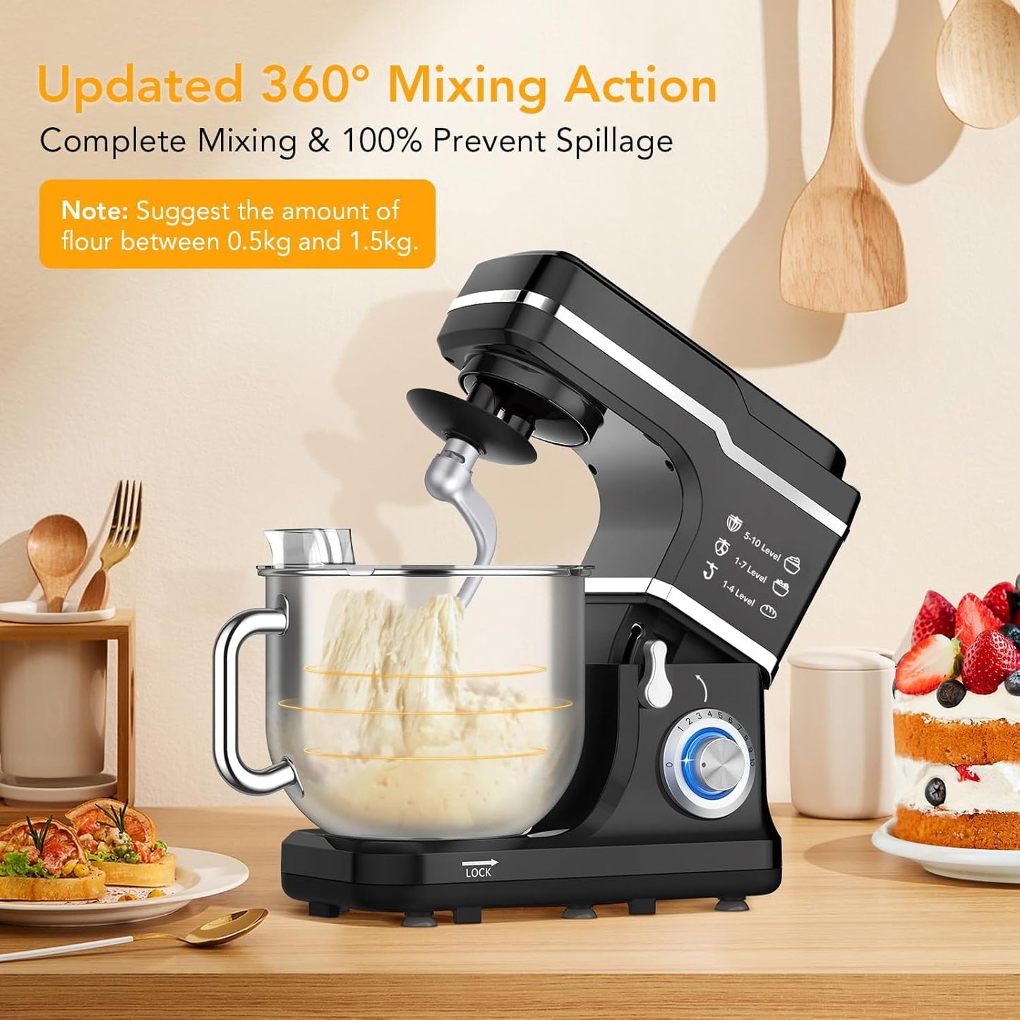PeakPursuit 7.5QT Stand Mixer, 10-Speed Tilt-Head Electric Food Mixer with Stainless Steel Bowl, 660W Motor, Dough Hook, Whisk & Beater, Compact Design for Home Baking,Black