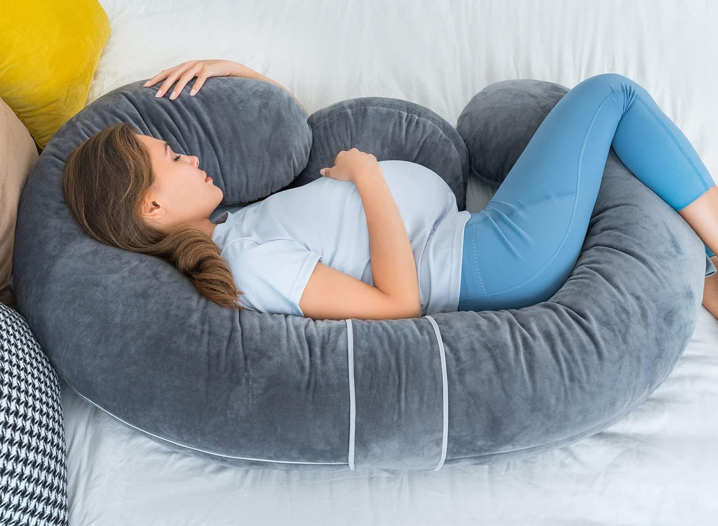 Queen Rose Pregnancy Pillow - E-Shaped Body Pillow for Side Sleepers, Detachable Grey Velvet Cover, 60in