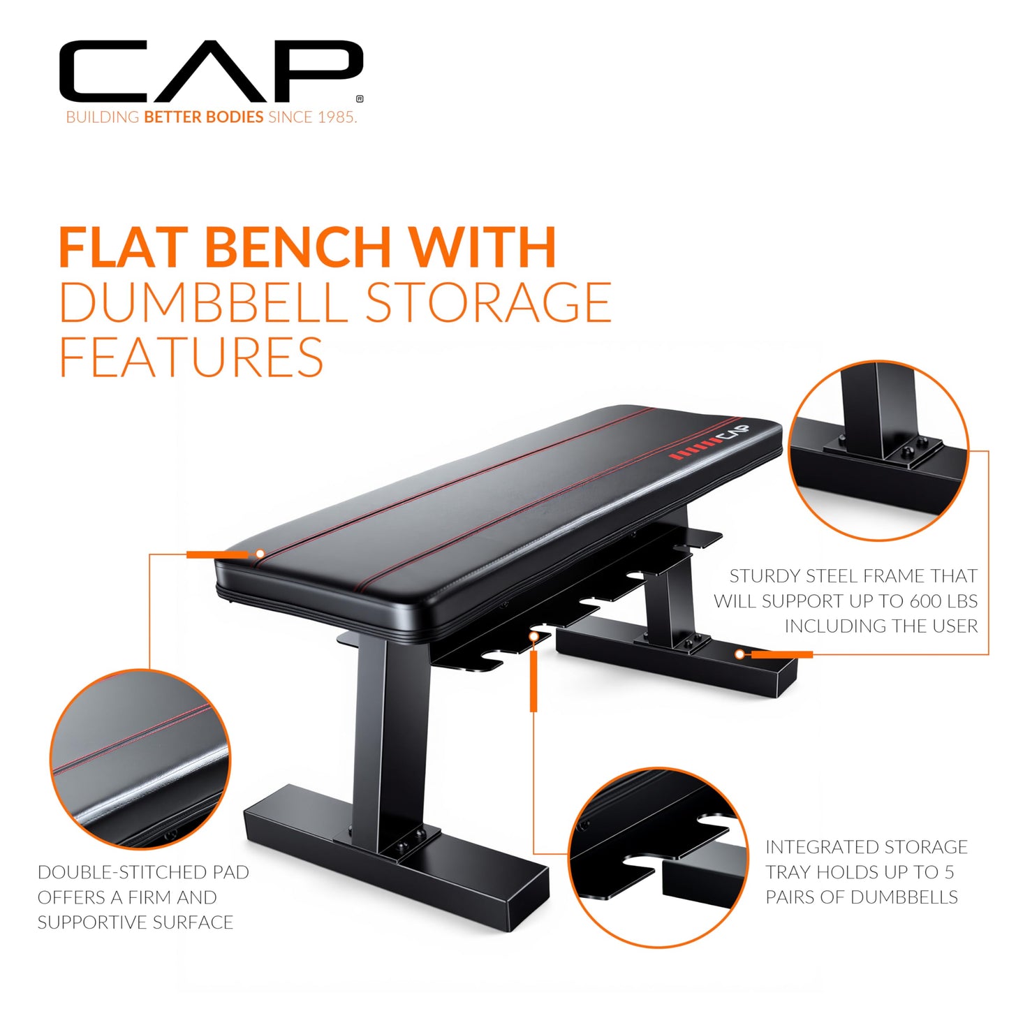 CAP Barbell Flat Weight Bench with Dumbbell Storage – Home Gym Bench for Strength Training, Dumbbell Workouts & Space-Saving Organization
