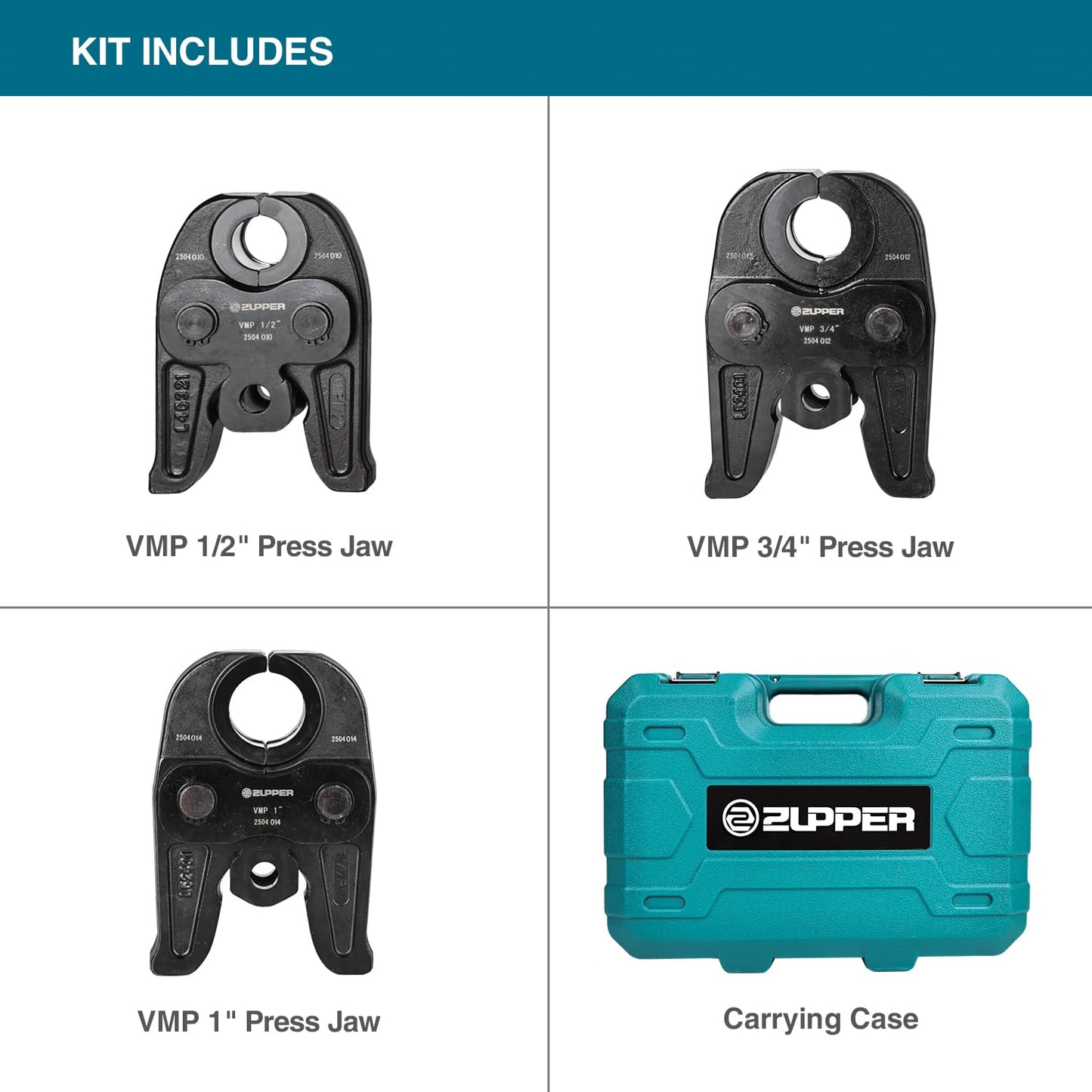 ZUPPER MegaPress Jaws, 3PCS Standard Pressing Jaws Kit 1/2", 3/4", 1" for Carbon Steel Pipes, Compatible with Standard Press Tools (32 kN / 7,200 lbs) - with Carrying Case