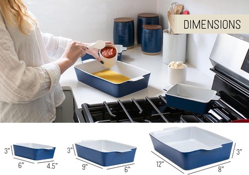 Nat & Jules Ceramic Stoneware Baking Dishes Set of 3 - Nested Blue, 12 x 8 Inches