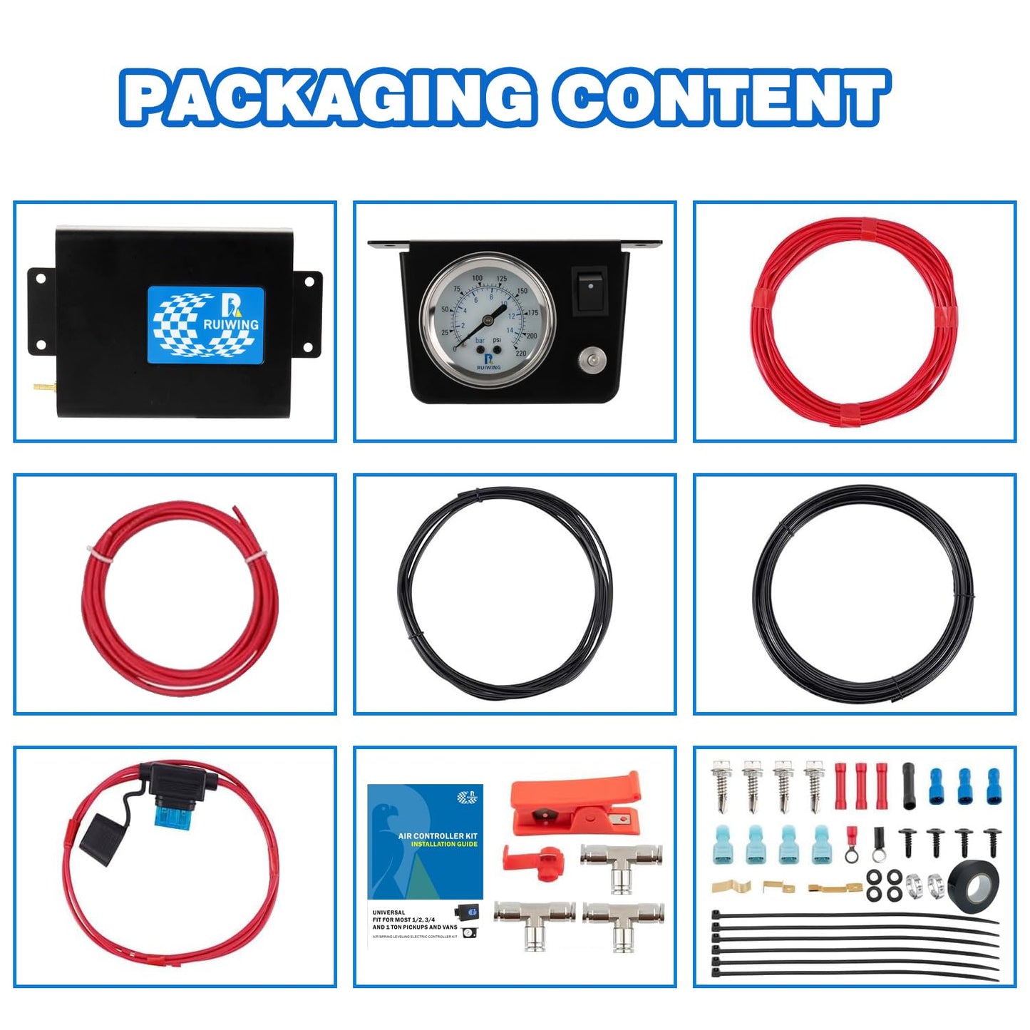 Air Bag Compressor Kit, On Board Air Compressor System with Air Ride Compressor, Pressure Gauge, Hardware and Air Line, for Truck Air Suspension Control