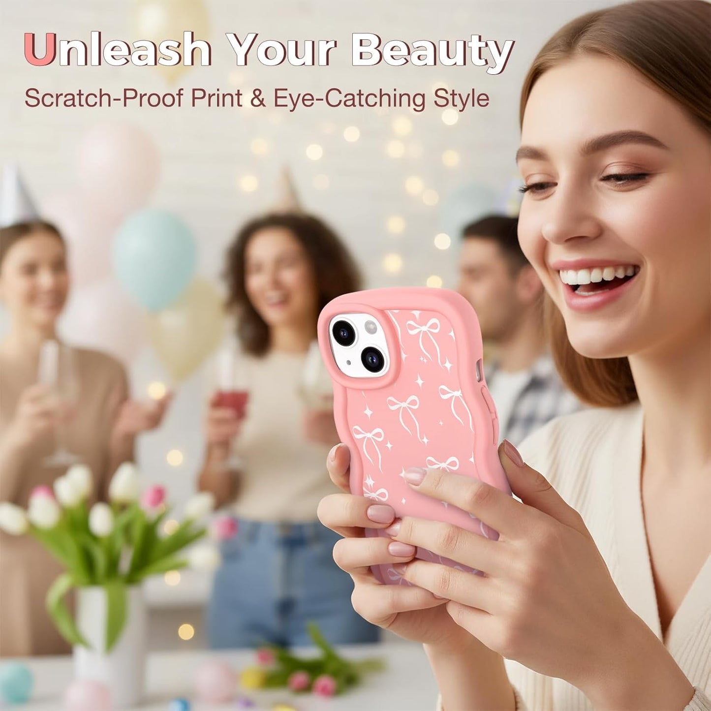 CASBST 15 15 Compatible with iPhone Case for Women Girls, Curly Wavy Frame with Cute Pattern, Aesthetic Slim Soft