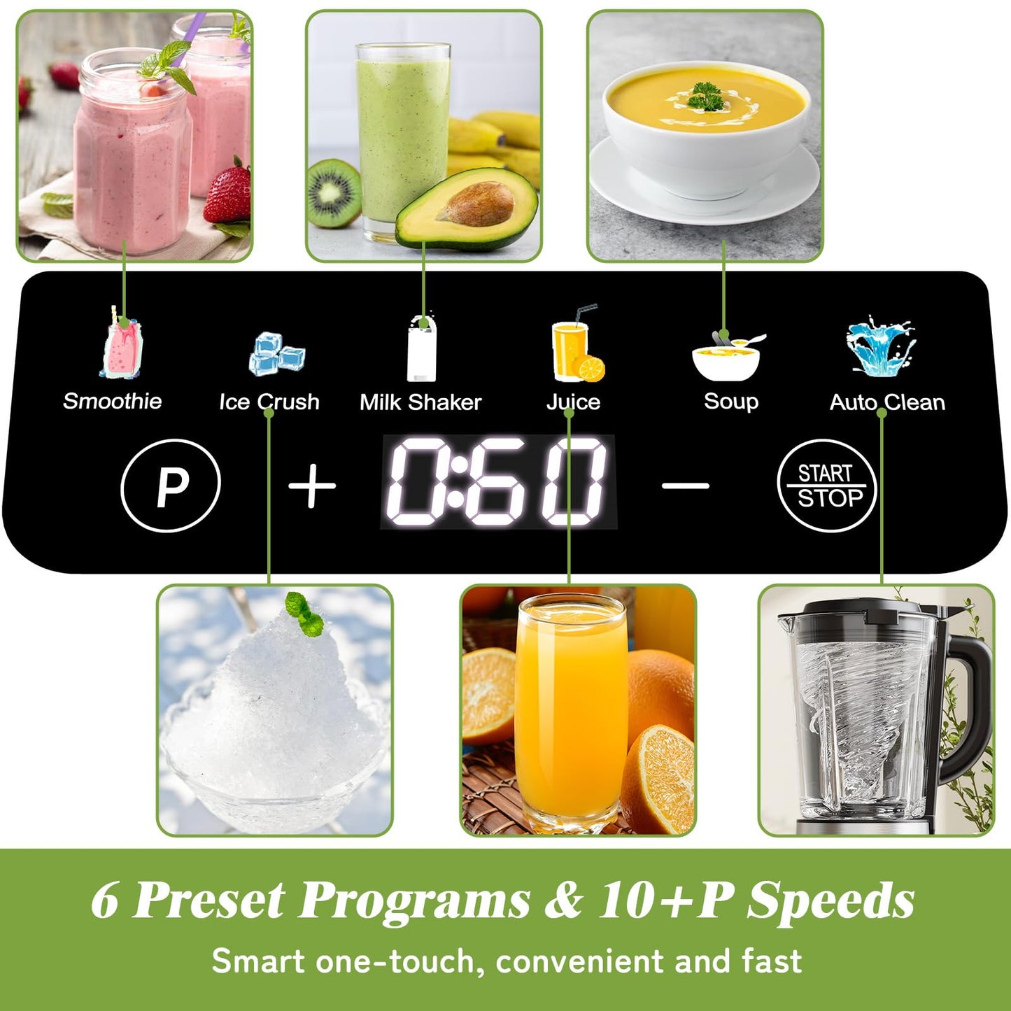 HoninJoy Blenders for Kitchen, Countertop Smoothie Blender with 51oz Glass Pitcher, Grinder & To-Go Cup Combo, 10 Speeds Digital Touchscreen Blender for Smoothies, Shake, Crush Ice, Dishwasher Safe
