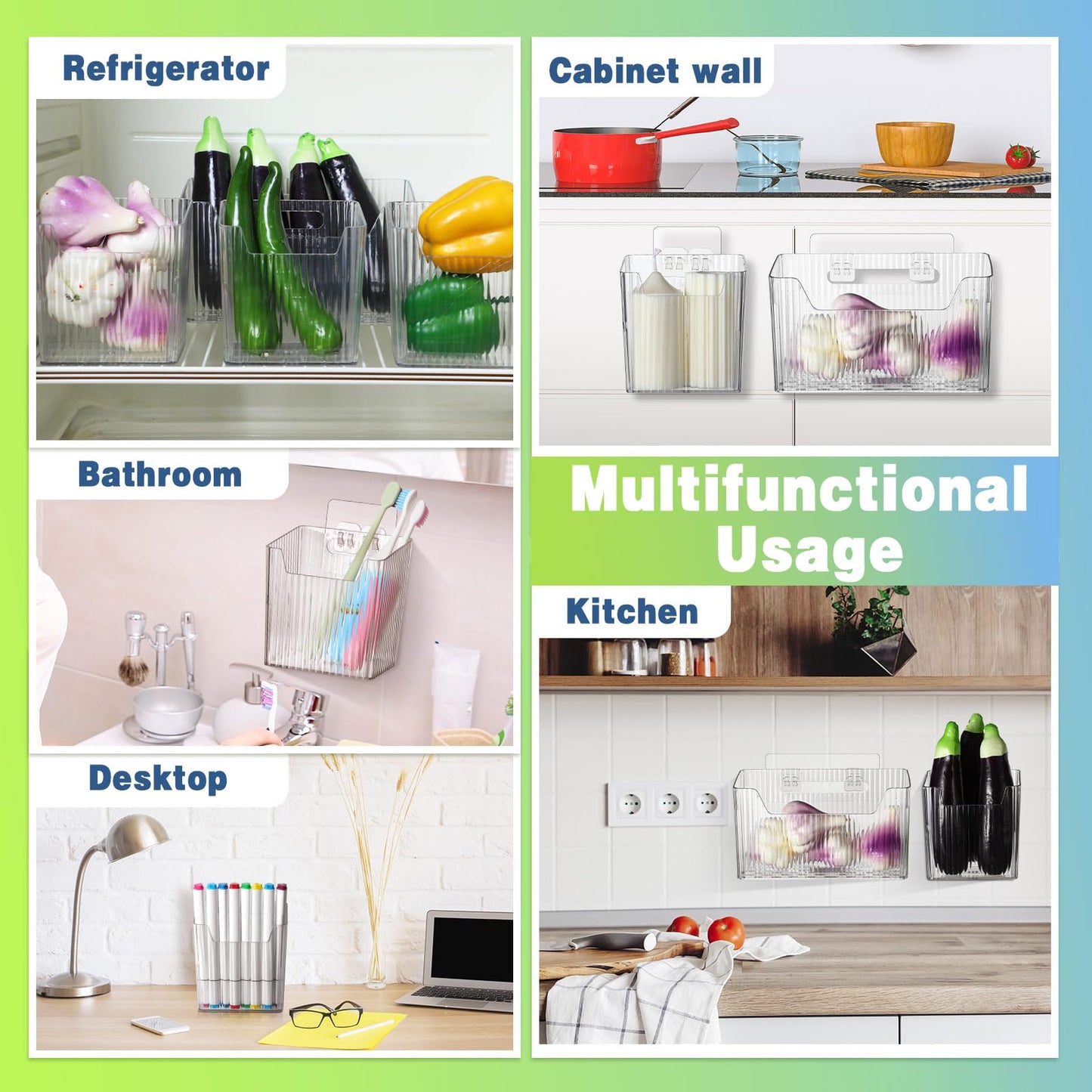 SiliFine 8 Pcs Storage Organizer Bins Wall Mounted Organizer Basket Plastic Cabinet Door Bins Stackable Hanging Baskets for Organizing for Wall Refrigerator Kitchen Bathroom Pantry(3.94'',Clear)