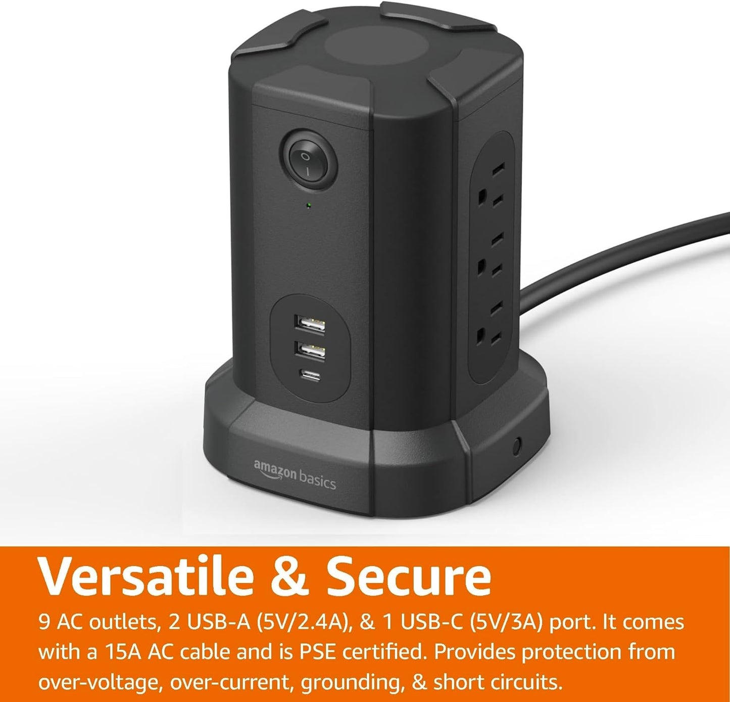 Amazon Basics 1080J, 9 (2 1 15A, 6ft Power Strip Tower Charging Station, Surge Protector Outlet with Integrated USB