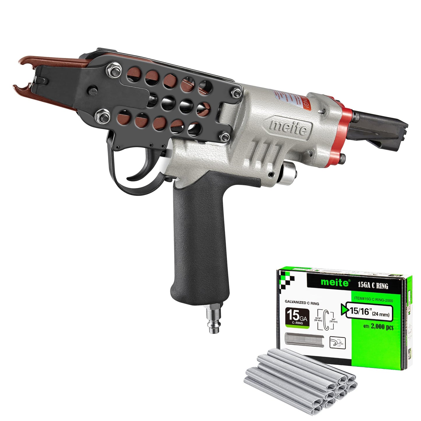 meite SC7E-I2 Pneumatic Hog Ring Gun with 2000 PCS 15GA Hog Rings, 15 Gauge 3/4" Crown Extended Nose Hog Ring Pliers, 8.8 mm Closure, Upgrade Trigger Air C Ringer for Mattress Assembly